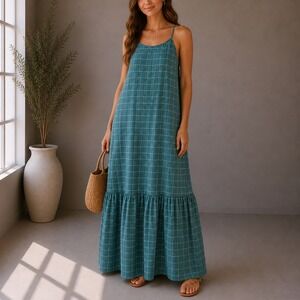 Cottagecore Windowpane Maxi Dress Women Small Teal Tiered Boho Summer